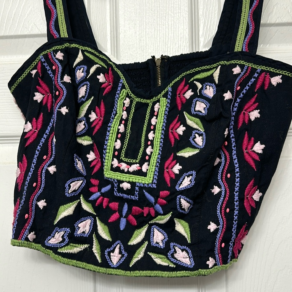 Anthropologie Embroidered Beaded Stretch Crop Top